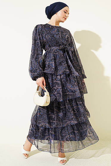 Paisley Desen Kat Kat Şifon Elbise Lacivert - Elbise