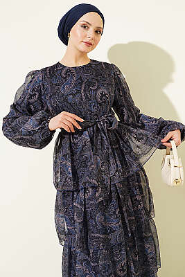 Paisley Desen Kat Kat Şifon Elbise Lacivert - Elbise
