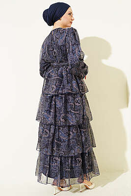 Paisley Desen Kat Kat Şifon Elbise Lacivert - Elbise