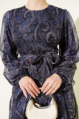 Paisley Desen Kat Kat Şifon Elbise Lacivert - Elbise