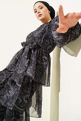 Paisley Desen Kat Kat Şifon Elbise Siyah - HATUN