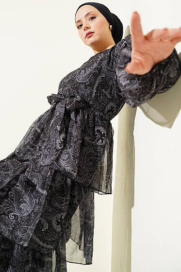 Paisley Desen Kat Kat Şifon Elbise Siyah - Elbise