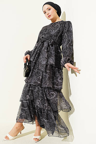 Paisley Desen Kat Kat Şifon Elbise Siyah - Elbise