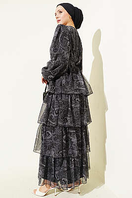 Paisley Desen Kat Kat Şifon Elbise Siyah - Elbise