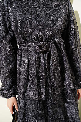 Paisley Desen Kat Kat Şifon Elbise Siyah - Elbise