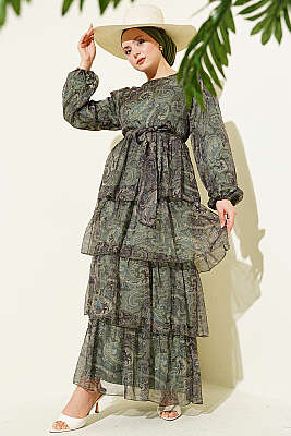 Paisley Desen Kat Kat Şifon Elbise Zümrüt - HATUN