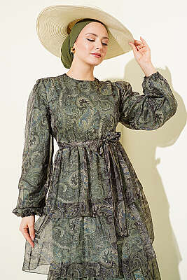 Paisley Desen Kat Kat Şifon Elbise Zümrüt - Elbise