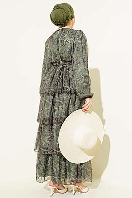 Paisley Desen Kat Kat Şifon Elbise Zümrüt - Elbise