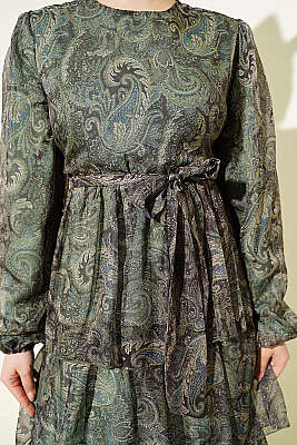 Paisley Desen Kat Kat Şifon Elbise Zümrüt - Elbise