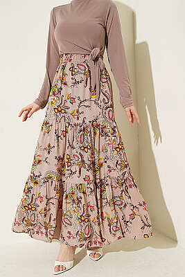 Paisley Desen Katlı Viskon Etek Bej - BIGDART