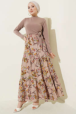 Paisley Desen Katlı Viskon Etek Bej - Etek