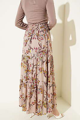 Paisley Desen Katlı Viskon Etek Bej - Etek