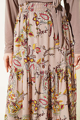 Paisley Desen Katlı Viskon Etek Bej - Etek