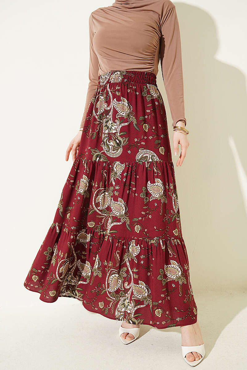 Paisley Desen Katlı Viskon Etek Bordo