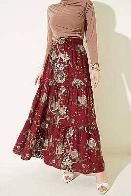 Paisley Desen Katlı Viskon Etek Bordo 