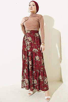 Paisley Desen Katlı Viskon Etek Bordo - Etek