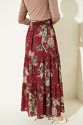 Paisley Desen Katlı Viskon Etek Bordo - Etek