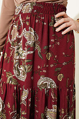 Paisley Desen Katlı Viskon Etek Bordo - Etek