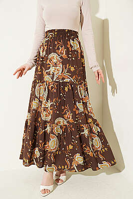 Paisley Desen Katlı Viskon Etek Kahve - BIGDART