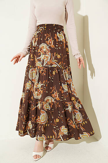 Paisley Desen Katlı Viskon Etek Kahve - Etek