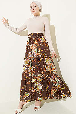 Paisley Desen Katlı Viskon Etek Kahve - Etek