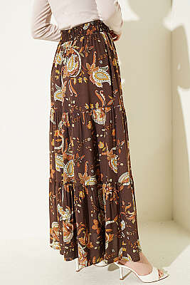 Paisley Desen Katlı Viskon Etek Kahve - Etek