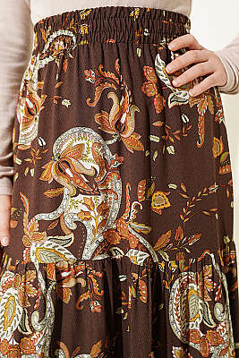 Paisley Desen Katlı Viskon Etek Kahve - Etek