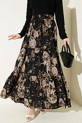 Paisley Desen Katlı Viskon Etek Siyah - BIGDART