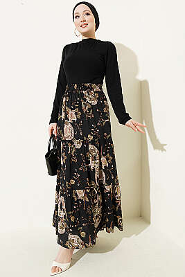 Paisley Desen Katlı Viskon Etek Siyah - Etek