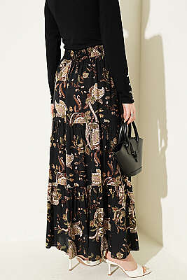 Paisley Desen Katlı Viskon Etek Siyah - Etek