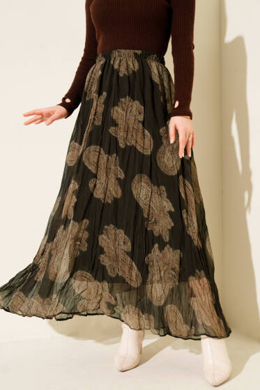 Paisley Desen Şifon Etek Acı Kahve - Etek