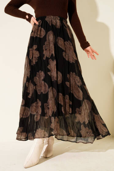 Paisley Desen Şifon Etek Siyah - Etek