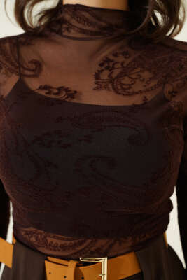 Paisley Desen Tül Bluz Acı Kahve - Kadın Giyim Modelleri