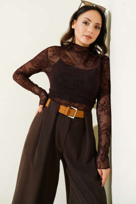 Paisley Desen Tül Bluz Acı Kahve - CALİENTE