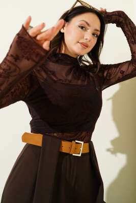 Paisley Desen Tül Bluz Acı Kahve - Yılın Fırsatı