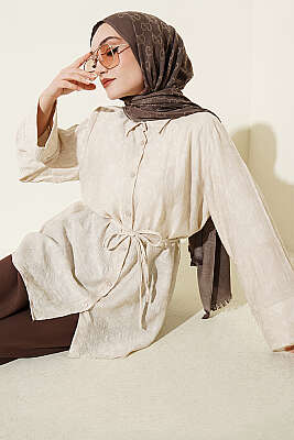 Paisley Desenli İp Kuşaklı Gömlek Bej - DUFON