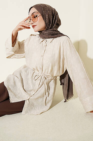 Paisley Desenli İp Kuşaklı Gömlek Bej - Gömlek