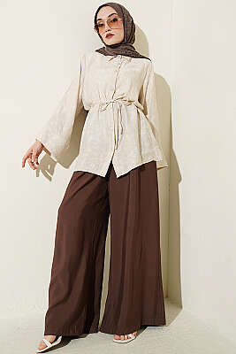 Paisley Desenli İp Kuşaklı Gömlek Bej - Gömlek