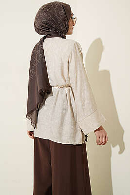 Paisley Desenli İp Kuşaklı Gömlek Bej - Gömlek