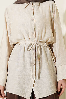 Paisley Desenli İp Kuşaklı Gömlek Bej - Gömlek