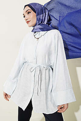 Paisley Desenli İp Kuşaklı Gömlek Buz Mavisi - DUFON