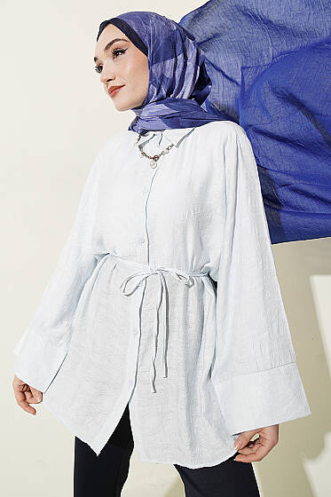 Paisley Desenli İp Kuşaklı Gömlek Buz Mavisi - Gömlek