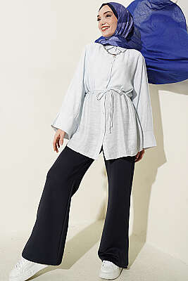 Paisley Desenli İp Kuşaklı Gömlek Buz Mavisi - Gömlek