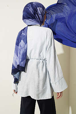 Paisley Desenli İp Kuşaklı Gömlek Buz Mavisi - Gömlek