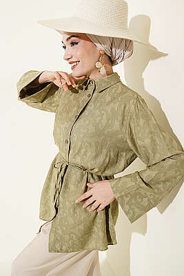 Paisley Desenli İp Kuşaklı Gömlek Haki - DUFON