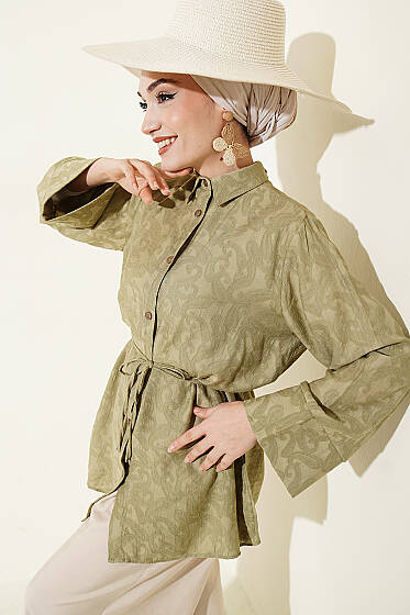 Paisley Desenli İp Kuşaklı Gömlek Haki - Gömlek