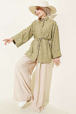 Paisley Desenli İp Kuşaklı Gömlek Haki - Gömlek