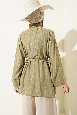 Paisley Desenli İp Kuşaklı Gömlek Haki - Gömlek