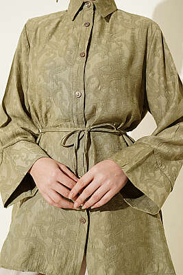 Paisley Desenli İp Kuşaklı Gömlek Haki - Gömlek