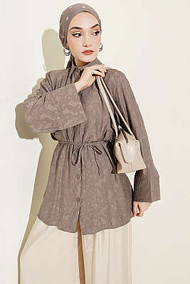 Paisley Desenli İp Kuşaklı Gömlek Koyu Vizon - DUFON